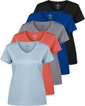 Real Essentials 5 Pack: Women's Dry-Fit Short Sleeve V Neck T Shirt Workout Fitness Yoga Top Tee (Available in Plus Size)