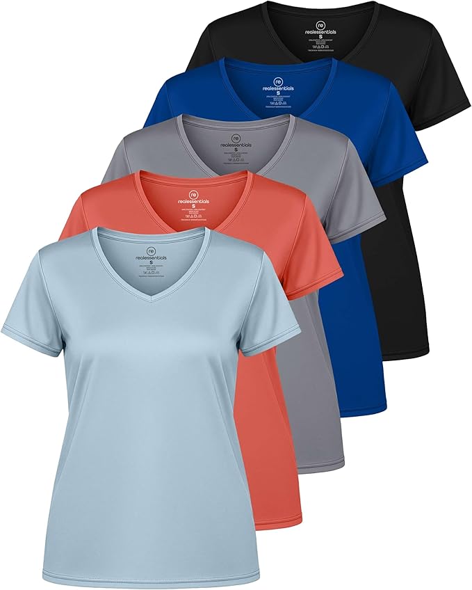 Real Essentials 5 Pack: Women's Dry-Fit Short Sleeve V Neck T Shirt Workout Fitness Yoga Top Tee (Available in Plus Size)