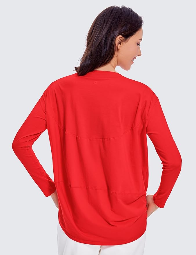 CRZ YOGA Pima Cotton Boat Neck Long Sleeve Shirts for Women - Workout Athletic Yoga Casual Tops Loose Fit Fall T-Shirts