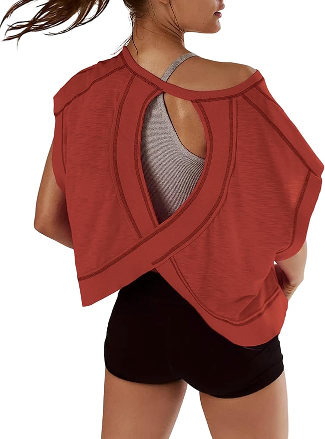 Kumufenc Women Short Sleeve Workout Shirts Open Back Tops Casual Yoga Y2k Athletic Gym Slouchy Crop Running Tees