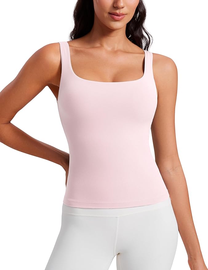 CRZ YOGA Butterluxe U Neck Tank Tops for Women - Padded Athletic Workout Camisole Crop Tops with Built in Bra