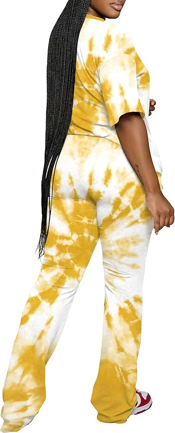 PINSV Women 2 Piece Outfits Short Sleeve Top and Flare Pants Lounge Sets Tracksuit