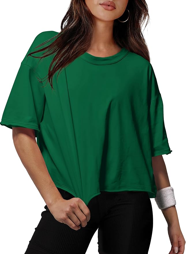 XIEERDUO Cotton Tshirts for Women Drop Shoulder Round Neck Oversized Crop Tops Workout Tops Tees