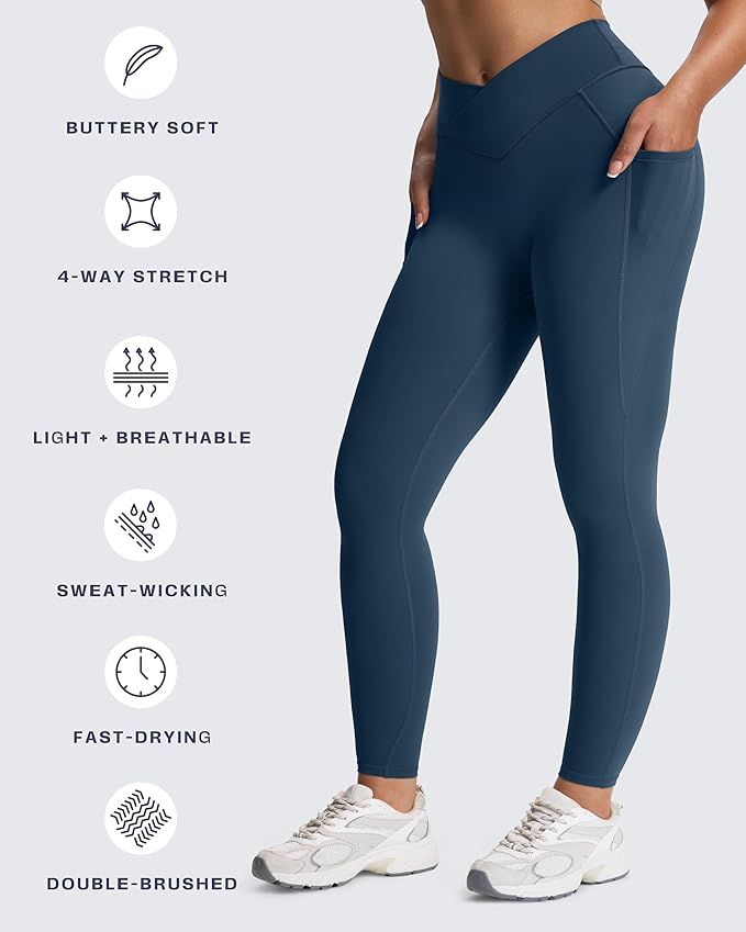 Aoxjox Women's Trinity High Waisted Yoga Pants with Pockets Cross-Waist Tummy Control Buttery Soft Workout Leggings 26"
