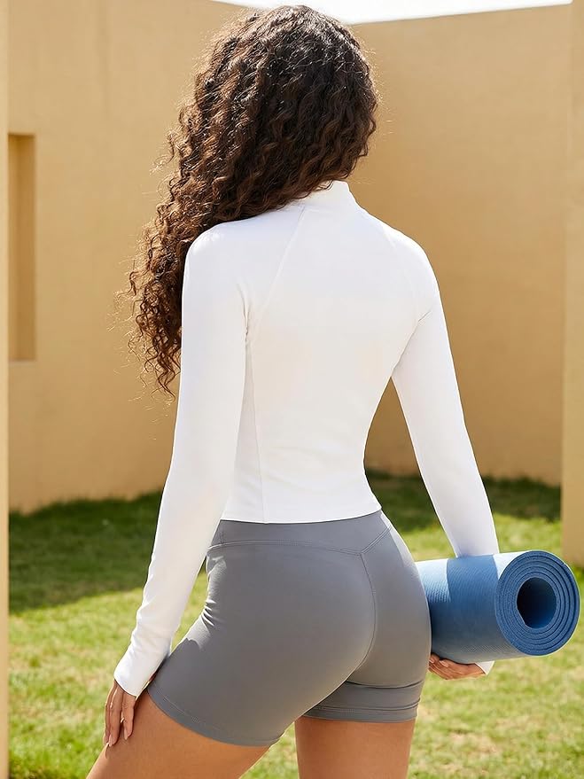 YEOREO Women Full Zip Workout Jacket with Pockets Thumb Hole Long Sleeve Athletic Cropped Jackets Gym Yoga Top