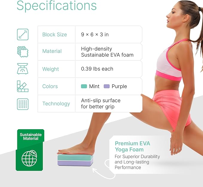 Yoga Blocks 2 Pack with Strap & Guide – Non-Slip EVA Foam Pilates Blocks for Home Workouts, Dance, Ballet, Gymnastics & Stretching Exercise | Ideal Dancer Gifts