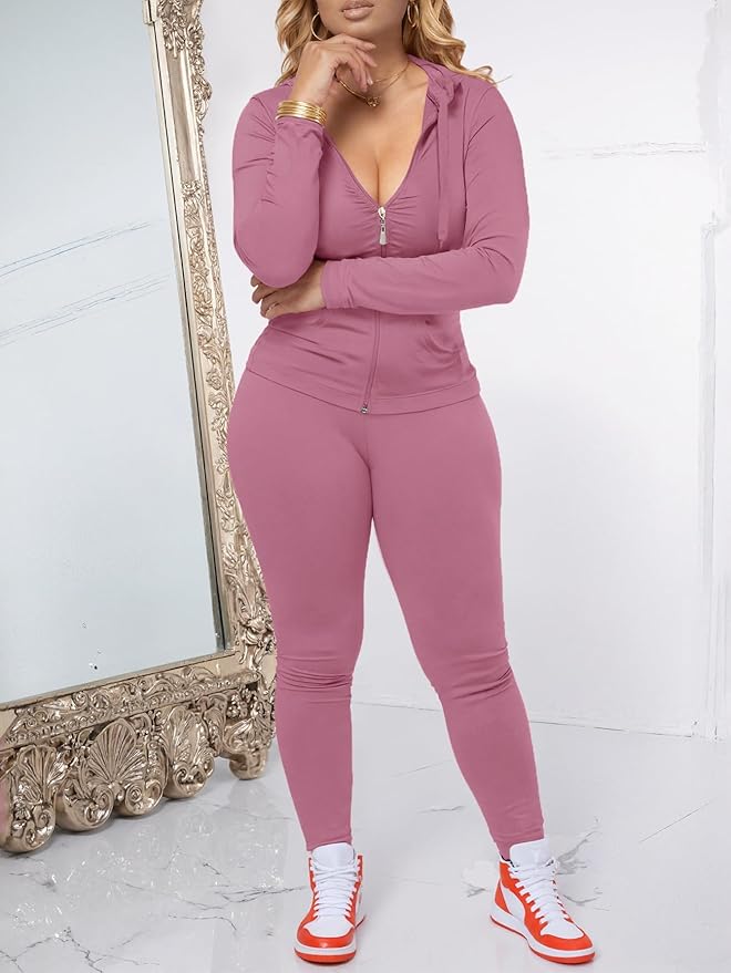 AUXDIO Women 2 Piece Outfits Casual Workout Sets Bodycon Tracksuit Zip Up Long Sleeve Hoodle Jacket Jogger Pants Set