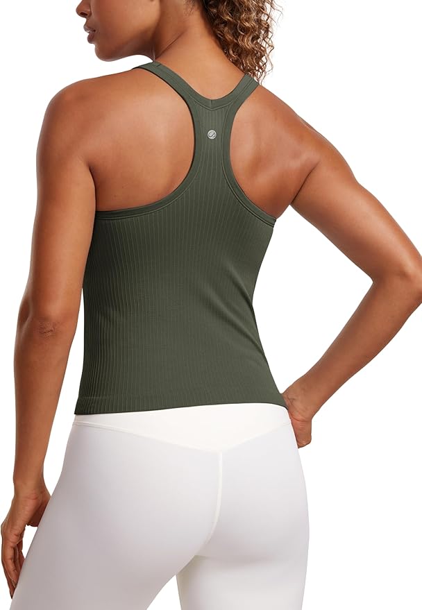 CRZ YOGA Seamless Ribbed Scoop Neck Tank Top for Women - Workout Racerback Padded Athletic Camisole with Built in Bra