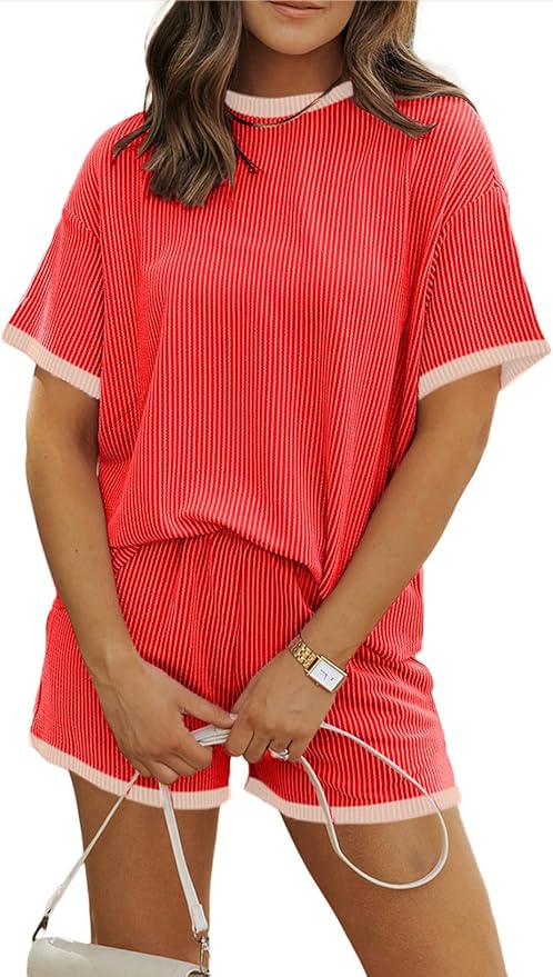 MARZXIN Women 2 Piece Shorts Set 2026 Casual Summer Cruise Outfits Ribbed Loose Short Sleeve Pocket Matching Lounge Sets