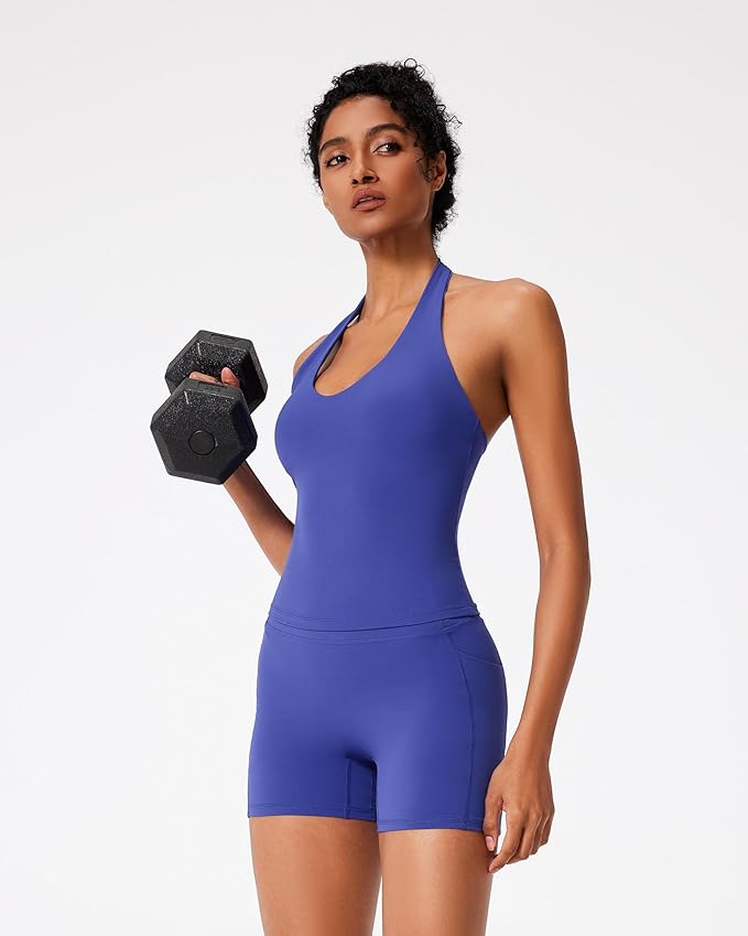 RXRXCOCO Halter Workout Sets for Women 2 Piece V Neck Tank Tops Hidden Scrunch Booty Shorts Gym Outfits with Pockets