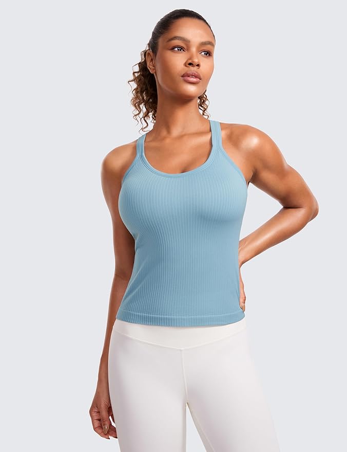 CRZ YOGA Seamless Ribbed Scoop Neck Tank Top for Women - Workout Racerback Padded Athletic Camisole with Built in Bra