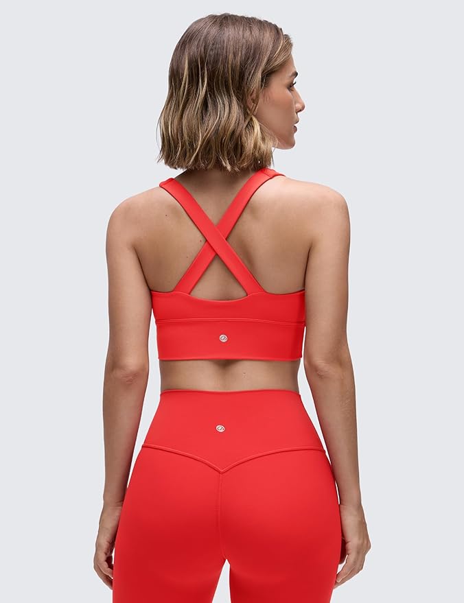 CRZ YOGA Butterluxe Ruched Longline Sports Bras for Women - V Neck Padded Yoga Tank Wide Straps Cross Back Crop Tops