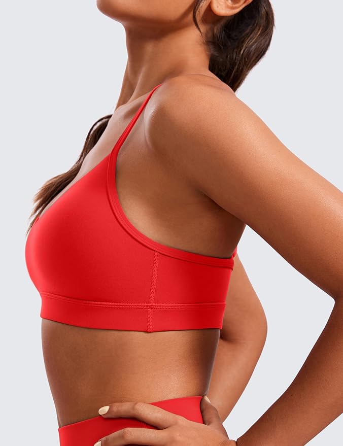 CRZ YOGA Butterluxe V-Neck Sports Bras for Women - Adjustable Thin Straps Padded Yoga Top Basic Wireless Camisole