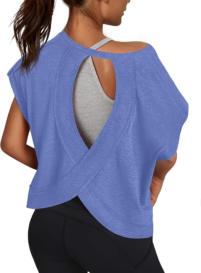 Women Open Back Workout Shirts Short Sleeve Tops Casual Yoga Y2k Athletic Gym Running Crop Tees