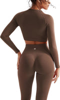 SUUKSESS Women 2 Piece Workout Sets Hidden Scrunch Hip Lifting Seamless Leggings Long Sleeve Yoga Crop Tops