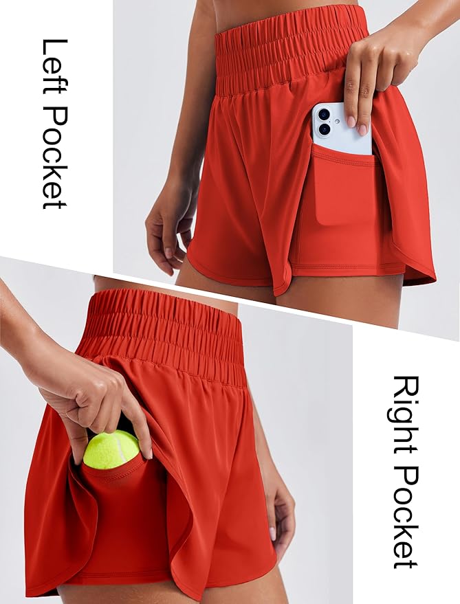 PINSPARK Women's 2 in 1 Running Shorts High-Split Athletic Short High Waisted 3" Liner Workout Gym Short with Pockets