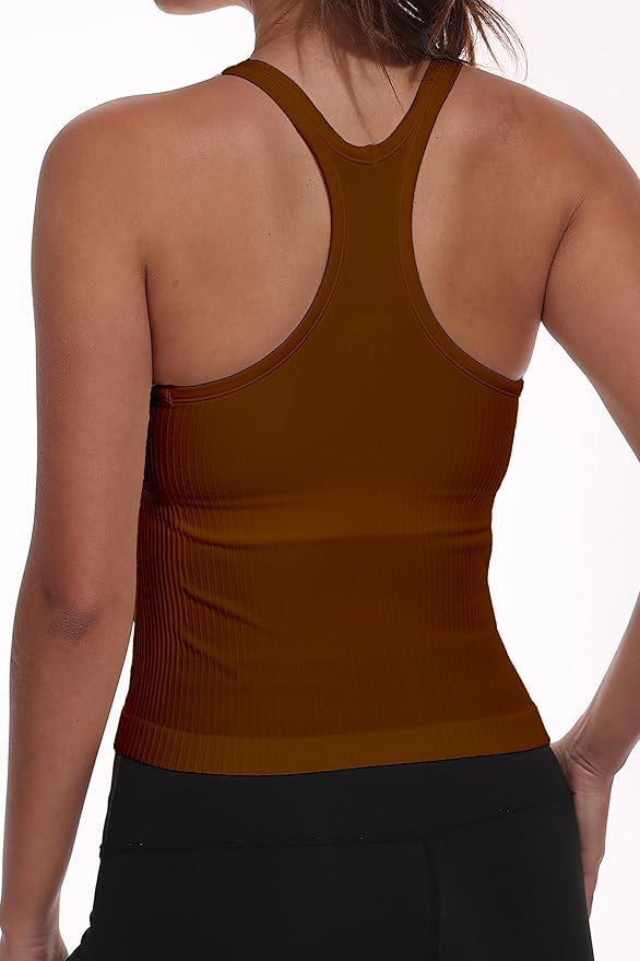 YIOIOIO Women Ribbed Workout Crop Tops with Built in Bra Seamless Yoga Racerback Tank Top Tight Fit
