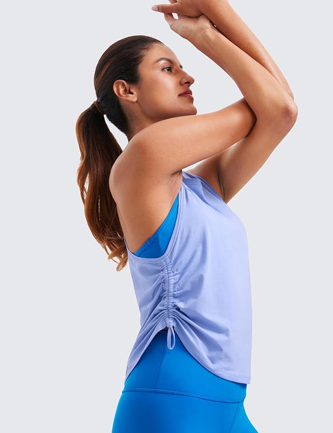 CRZ YOGA Pima Cotton Ruched Side Tank Tops for Women - Workout Athletic Casual Racerback Crewneck Loose Sleeveless Shirts