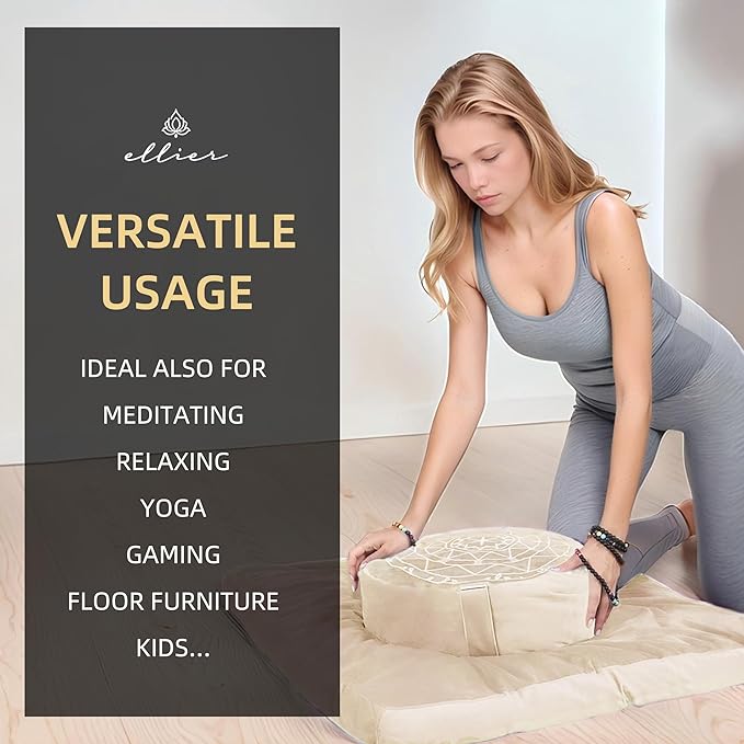 ellier Zafu & Zabuton Meditation Cushion Set - Buckwheat Hull & Memory Foam Pillows, Ergonomic Support for Yoga, Mindfulness - Organic Velvet Cover, Large Size, Durable Comfort (Khaki)