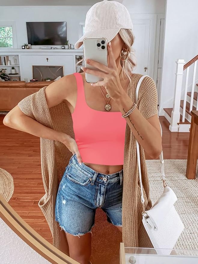 REORIA Women’s Sexy Square Neck Double Lined Seamless Sleeveless Cropped Tank Yoga Crop Basic Tops
