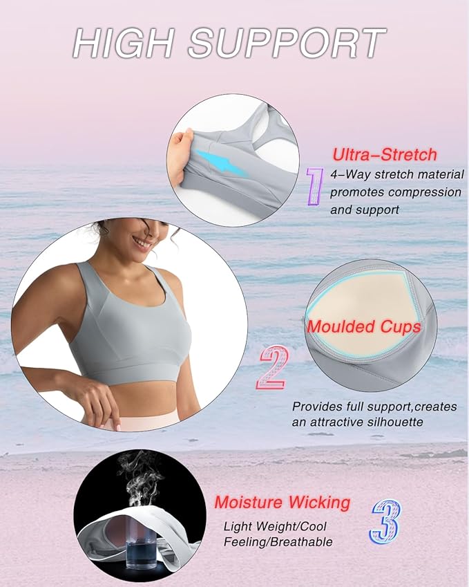 RUNNING GIRL Sports Bras for Women High Support,Racerback High Impact Grey Sports Bra Moulded Cup Workout Bra Push up
