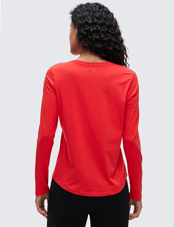 CRZ YOGA Pima Cotton Crewneck Long Sleeve Shirts for Women - Workout Athletic Yoga Casual Tops Soft Plain T-Shirt
