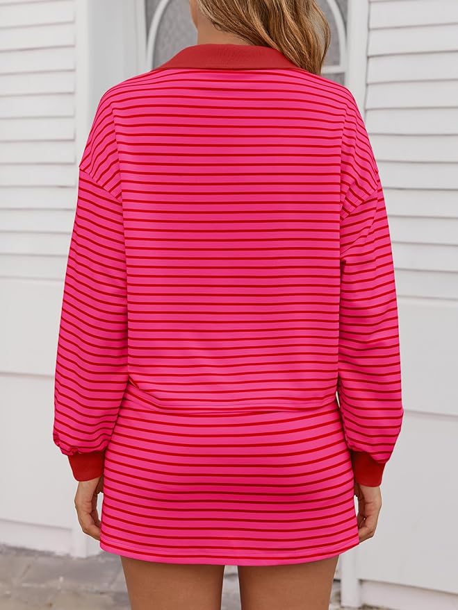Fisoew Womens Striped 2 Piece Outfits Casual Sweatshirt Skirt Set Long Sleeve Skort Workout Set Matching Lounge Sets