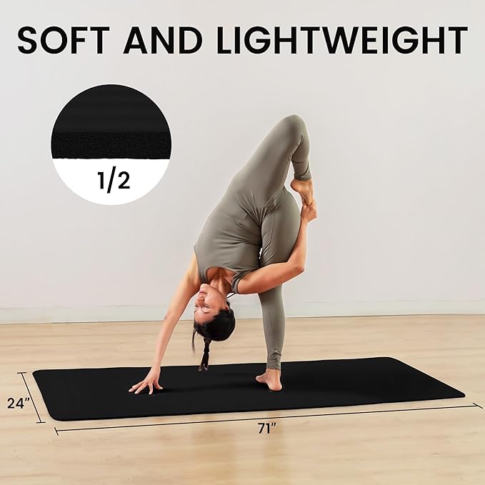 Fitvids Yoga Mat, 1/2-Inch Extra Thick High Density Exercise Mat, Anti-Tear Exercise Yoga Mat with Carrying Strap, Suitable for Various Yoga Exercises
