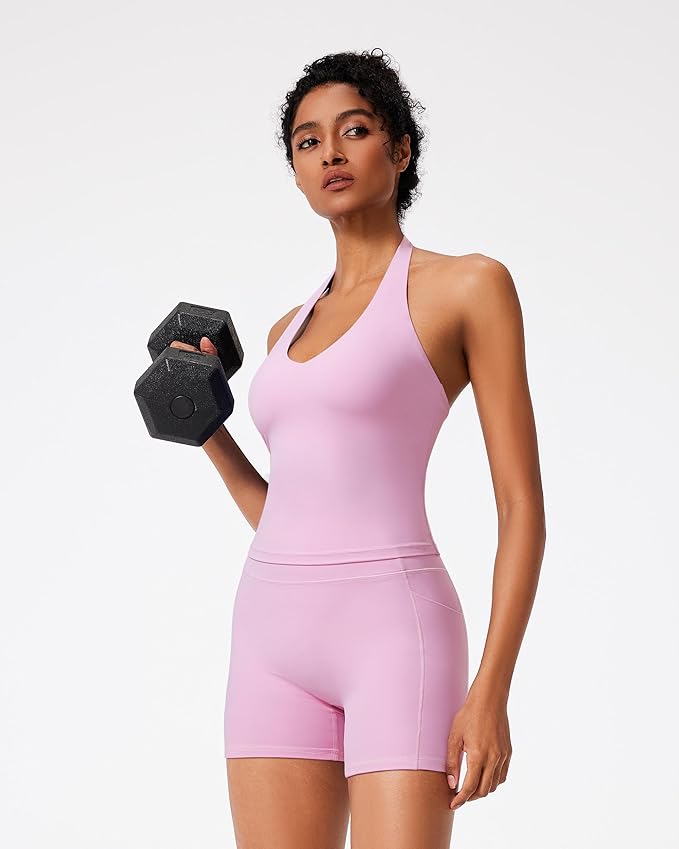 RXRXCOCO Halter Workout Sets for Women 2 Piece V Neck Tank Tops Hidden Scrunch Booty Shorts Gym Outfits with Pockets