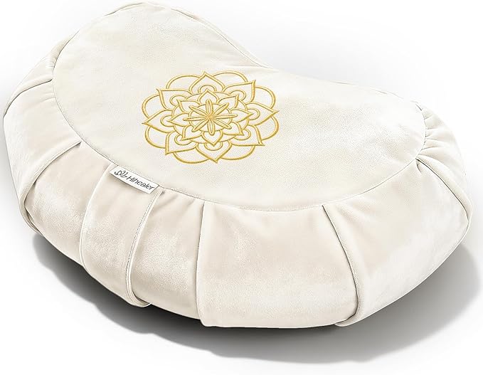 Hihealer Premium Meditation Cushion - Comfortable Floor Pillow for Adult Traditional Crescent Meditation Pillow Yoga Buckwheat Bolster (Cream)