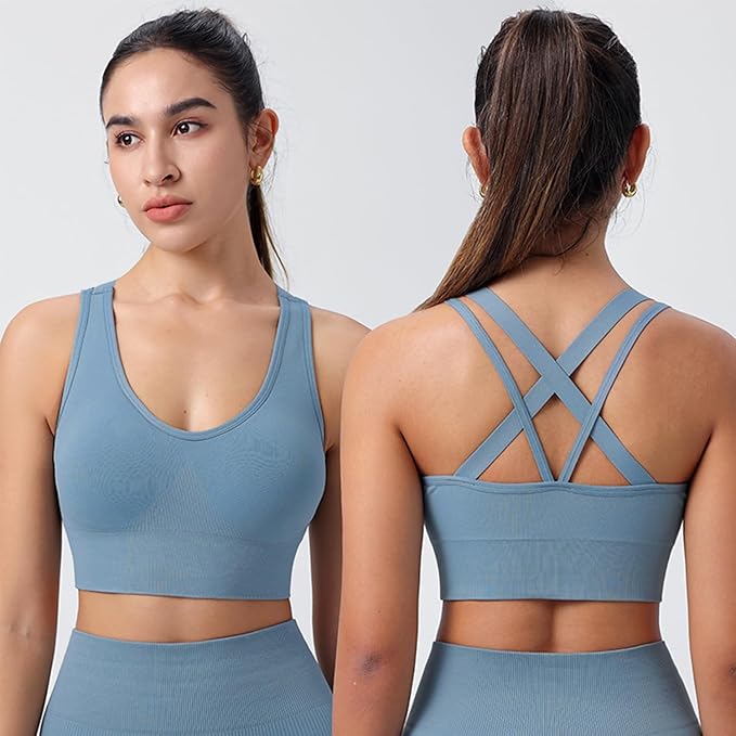 Evercute Sports Bras for Women Padded Medium Support Criss Cross Strappy Bra Seamless High Impact Yoga Exercise Athletic Bras