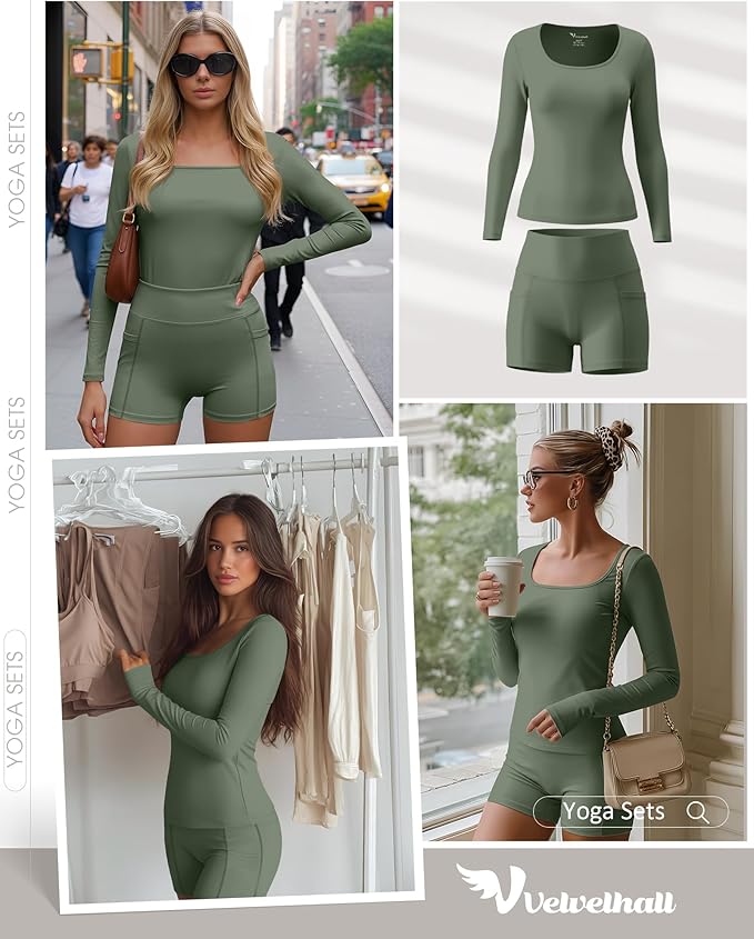 Women Workout Sets 2 Piece Yoga Square Neck Long Sleeve Top Athletic Seamless Short Pockets Sport Gym Run Outfits