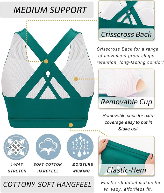 RUNNING GIRL Sports Bras for Women,Padded Strappy Sports Bras Criss-Cross Back Medium Support Sports Bras with Removable Cups