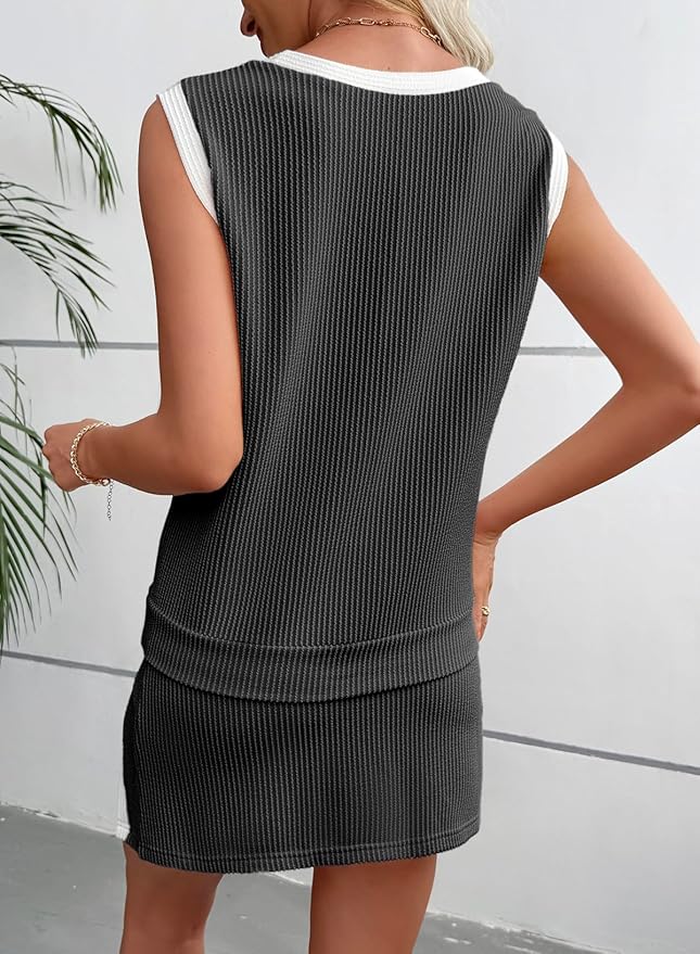 EVALESS 2 Piece Sets for Women Summer Outfits Ribbed Knit Tank Top and Split Lined Skirt Two Pieces Lounge Matching Set