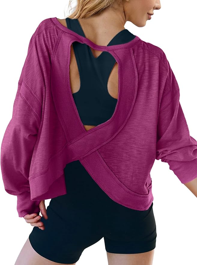 UNIANKIYA Open Back Workout Tops for Women Long Sleeve Cropped Athletic Clothes Gym Running Yoga Low Impact Sports T Shirts