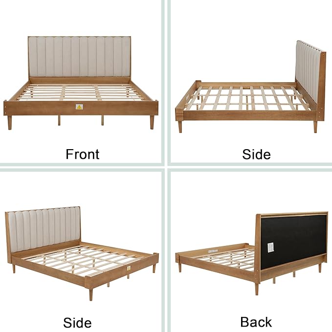 Wood King Size Bed Frame with Upholstered Tufted Headboard, Solid Wood Platform Bed,Mid-Century Style,No Box Spring Required, Easy Assembly,Wheat