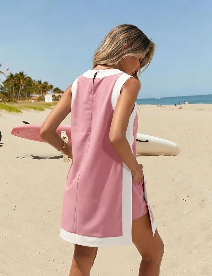 Hooever Women's 2 Piece Sets Casual Color Block Crewneck Short Sleeve Pullover Tops Matching Shorts with Pockets