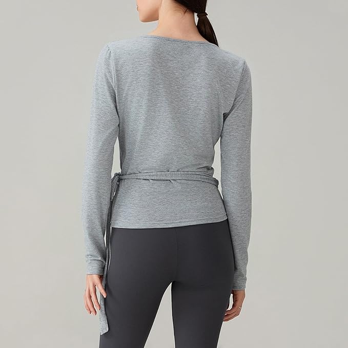Women Wrap Tie Top Y2k Long SLeeve Ballet Workout Yoga Shirt Coquette Blouses