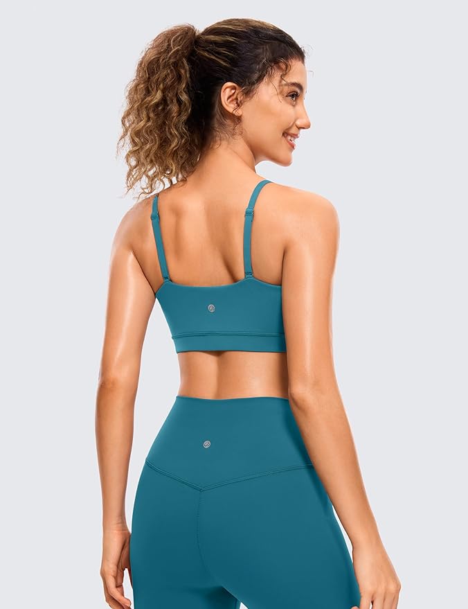 CRZ YOGA Butterluxe Womens Adjustable Spaghetti Thin Strap Sports Bra - Padded Wireless Square Neck Workout Yoga Clothes