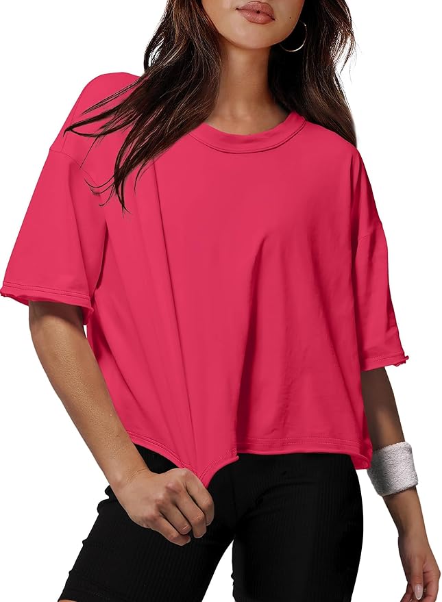 XIEERDUO Cotton Tshirts for Women Drop Shoulder Round Neck Oversized Crop Tops Workout Tops Tees