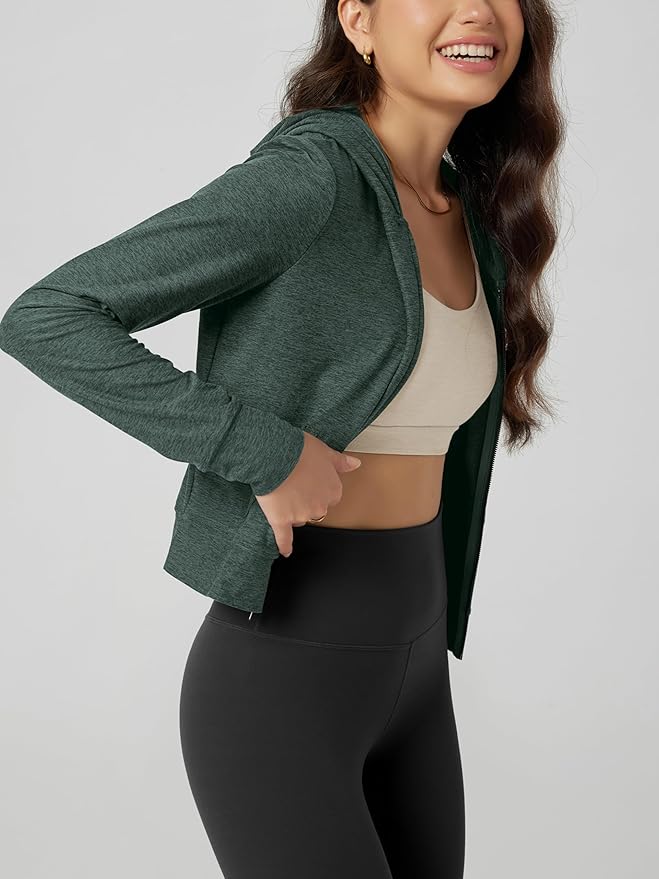 ODODOS Women's Full-Zip Cropped Hoodie - odSTRATUM Tech Ultra Soft UPF 50+ Hooded Jacket with Pockets