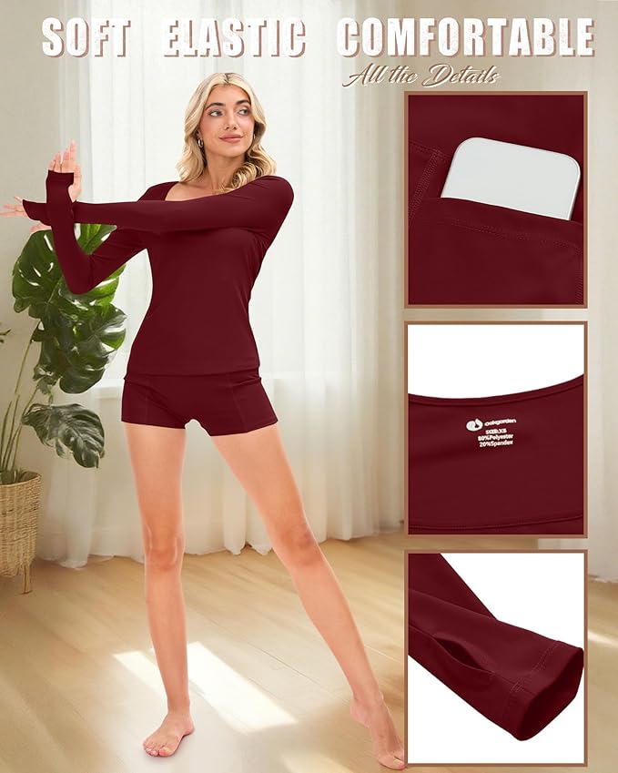Oakgarden Women's Long Sleeve Yoga Set Square Neck Slim Fit Tops Elastic Soft Thumb Hole Shirt High Waist Shorts with Pockets