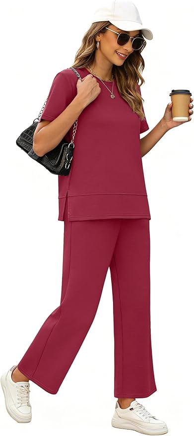 XIEERDUO Women's Side Slit Lounge Sets 2026 Fashion 2 Piece Travel Outfits Cozy Loungewear Wide Leg Tracksuits S-3XL