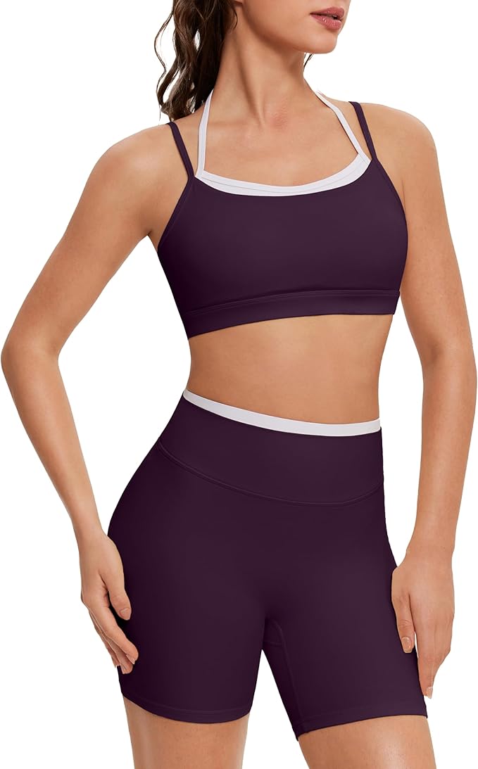 OMKAGI Workout Sets for Women Cute Doubel Layer Open Back Sports Bras Gym Shorts Outfits