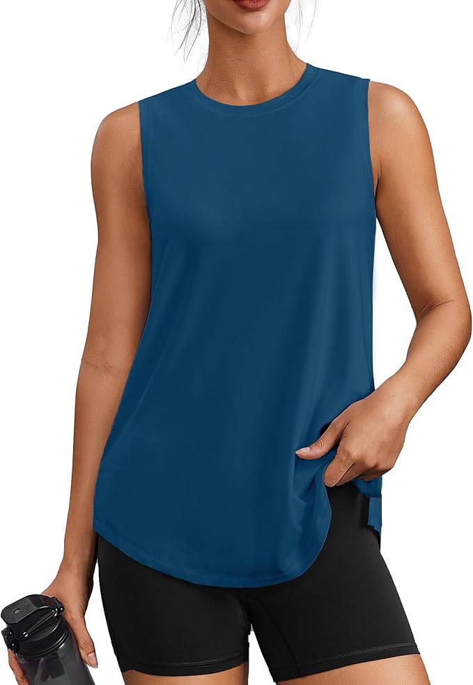 PINSPARK Workout Tops for Women Sleeveless Athletic Tank Tops UPF 50+ Running Tanks with Side Slits Loose Fit Gym Yoga Shirt
