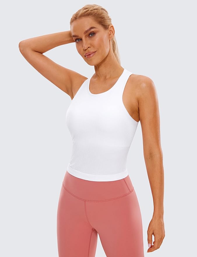 CRZ YOGA Seamless Ribbed High Neck Crop Tank Tops for Women - Longline Racerback Padded Sports Bras