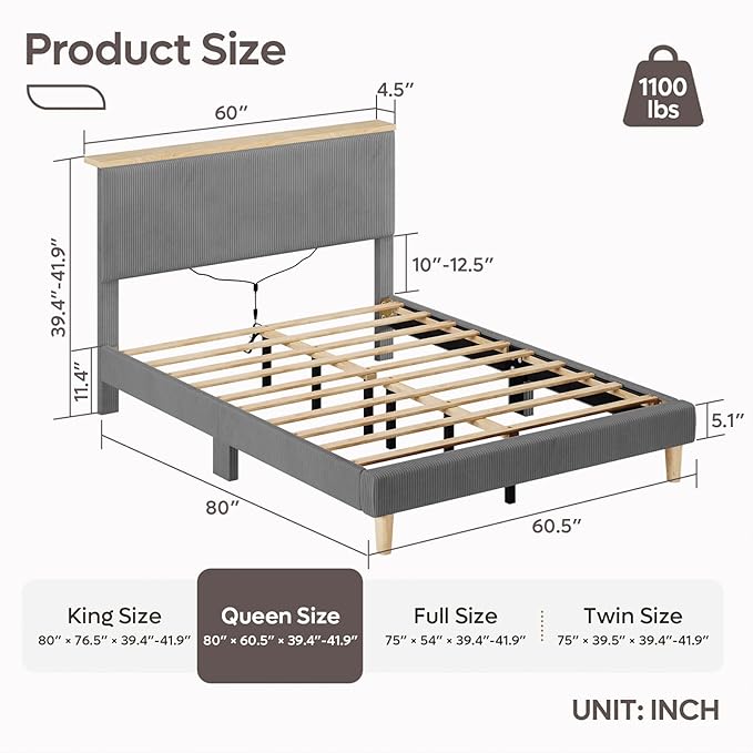 Bestier Queen Bed Frame with Adjustable Headboard & LEDLighting, Corduroy Upholstered Platform Bed Frame withStorage Shelf, Solid Wood Slats, No Box Spring Needed,Never Squeak, Easy Assembly, Grey
