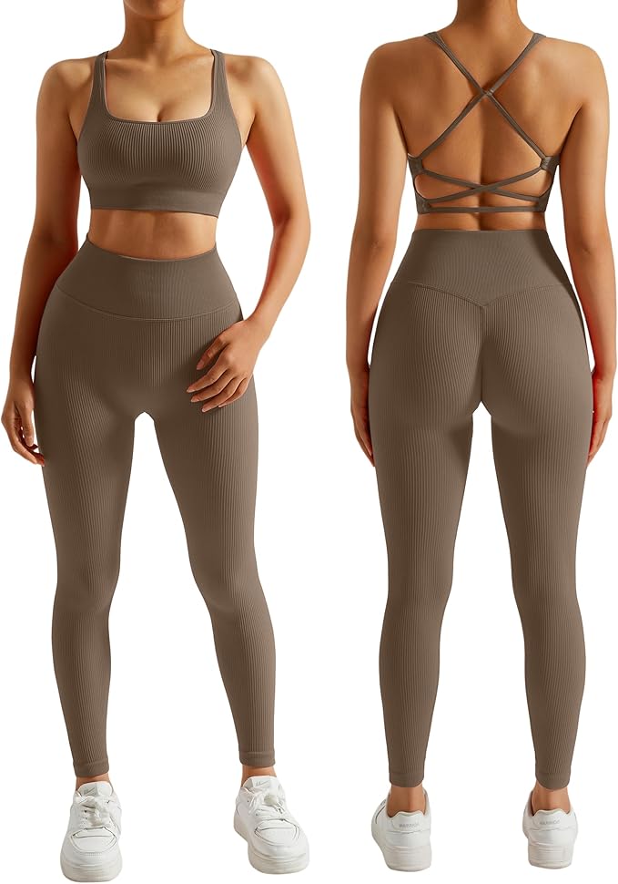 RXRXCOCO Ribbed Workout Sets for Women 2 Piece Backless Strappy Sports Bra Seamless Leggings Matching Set Yoga Outfits