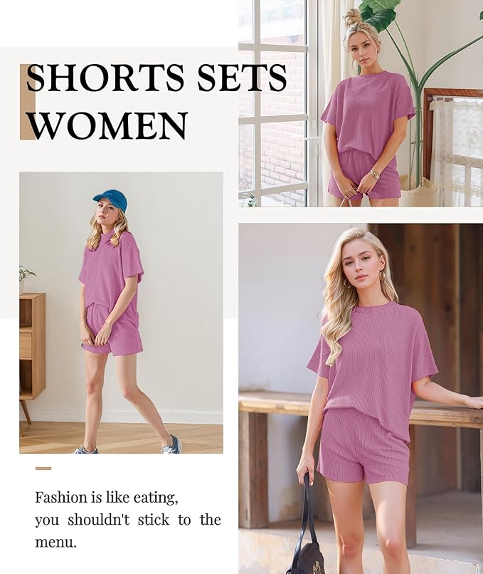MARZXIN Women 2 Piece Shorts Set 2026 Casual Summer Cruise Outfits Ribbed Loose Short Sleeve Pocket Matching Lounge Sets
