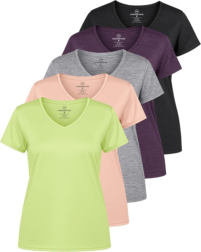 Real Essentials 5 Pack: Women's Dry-Fit Short Sleeve V Neck T Shirt Workout Fitness Yoga Top Tee (Available in Plus Size)